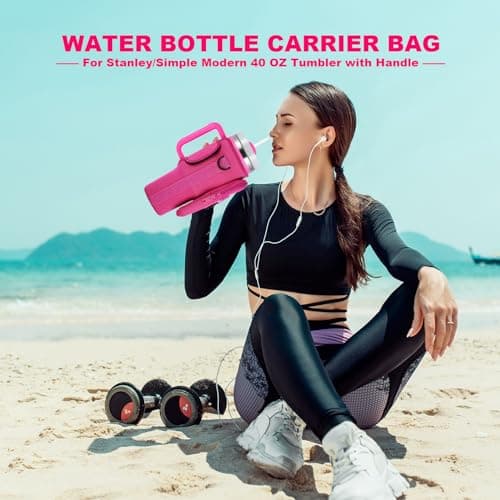 BULKITEM Water Bottle Carrier Bag with Phone Pocket for Pink Stanley 40 oz Tumbler with Handle, Hot Pink Insulated Neoprene Cup Holder Pouch Strap for Valentines Stanley Cup Accessories - Thumbnail 2
