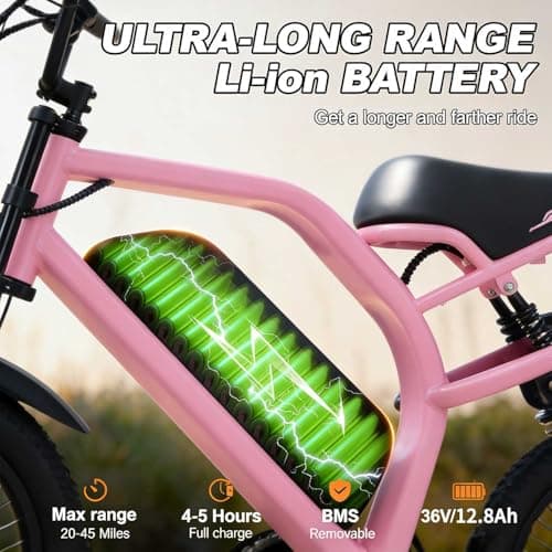 AVDLBIKE Electric Bike, 16'' Fat Tire eBike for Adults, 500W E-Bike with 36V/12.8Ah Removable Battery, 20 MPH 45 Mile Range Commuting Road Electric Mountain Bike with Dual Disc Brakes Pink A13 - Thumbnail 2