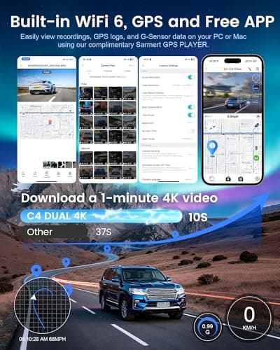 4K+4K Dash Cam Front and Rear, Sarmert C4 Dash Cam Free 128GB Card Included, Built-in GPS and 5G WiFi, HDR Night Vision, WDR Dash Camera for Cars, App, 24H Parking Mode - Thumbnail 4