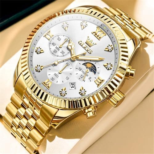 OLEVS Gold Watches for Men Luxury Large Dial Chronograph Gold Man Watch Waterproof Diamond Analog Quartz Nice Dress Watches Roman Numerals Relojes para Hombres - Thumbnail 2