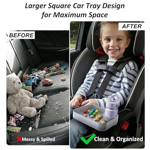 2Pack Car Seat Snack Tray for Kids, Mess-Free Square Travel Tray Cup Holder Snack Tray, Durable Car Food Tray for Toddlers, Universal Fit Kids Travel Road Trip Essentials (2, Grey) - Thumbnail 3