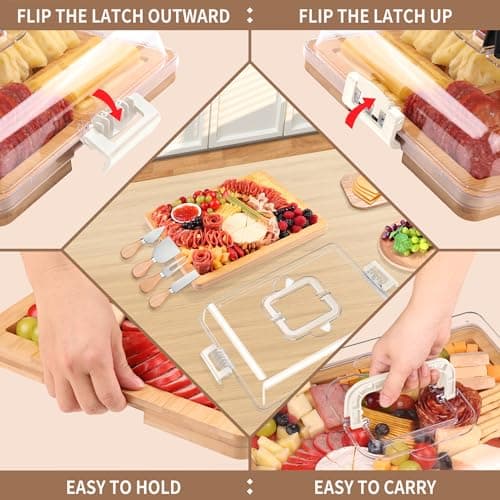 CAWIU Charcuterie Board with Lid and Handle - Portable Travel Design Bamboo Cheese Board Set with 4 Cheese Tools, Gift for Housewarming, Weddings, Picnics(8 Compartments, White) - Thumbnail 2