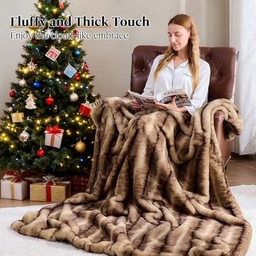 LOOMORA Luxury Faux Fur Blanket - Soft Warm Plush Blankets for Couch Sofa Bed, Fluffy Thick Throws for Bedroom, Office, Living Room, Decorative Reversible, Not Easy to shed - 60"x80", Brown - Thumbnail 5