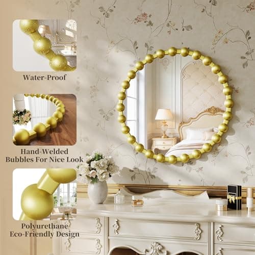 WISSMIELS Round Vanity Mirror for Wall, 36 Inch Beaded Frame Circle Mirror for Bathroom, Bedroom Dresser, Entryway, Living Room, Decorative Hanging Wall Mirror, Gold - Thumbnail 3