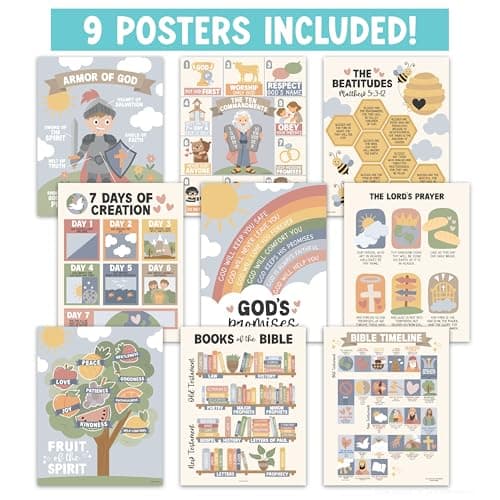 Hadley Designs Sunday School Decorations for Classroom –9 Bible Posters for Kids, Books of the Bible, 10 Commandments, Bible Timeline Chart, Fruits of the Spirit, Boho Christian Classroom Decor - Thumbnail 3