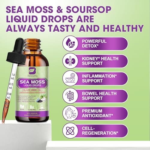 B BEWORTHS Sea Moss Liquid Drops - Irish Sea Moss & Black Seed Oil with Ashwagandha, Soursop Bitters, Elderberry, Burdock Root, Bladderwrack, Seamoss Supplement Support Antioxidant, Immune, Gut Health - Thumbnail 3
