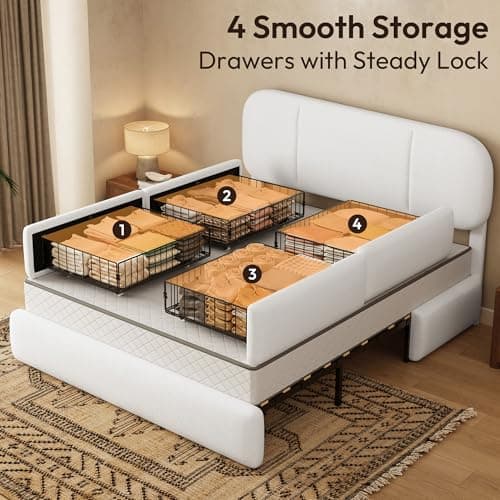 Uteeran Queen Size Bed Frame with Storage, Boucle Cloud Bed with 4 Locking Drawers & LED Lights, Modern Upholstered Platform Bed, Plush Sides & Footboard, Adjustable Headboard, No Box Spring, White - Thumbnail 4