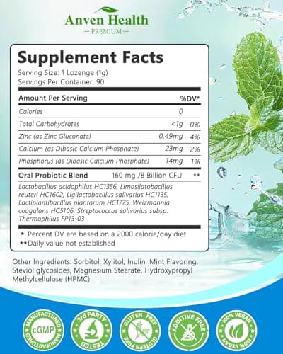 Anven Health Oral Probiotics Lozenges for Mouth Bad Breath & Gum Repair - 6 Strains with Prebiotic, Zinc & Ca for Dry Mouth Relief, Enamel Shield, Mint Flavor with Xylitol - 90 Lozenges, Sugar-Free - Thumbnail 2