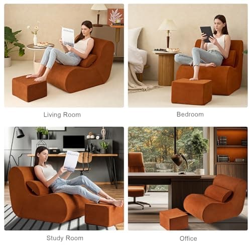 Hansleep Large Bean Bag Chair for Adults, Reading Chair with Ottoman Filled by High-Density Foam, Cozy Lazy Beanbag Lounger Sofa with Waist Support for Living Room, Bedroom, Office, Burnt Orange - Thumbnail 4
