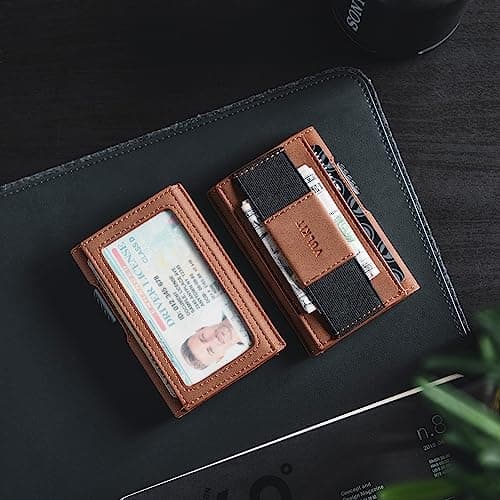 VULKIT Mens Minimalist Wallet for Max. 8 Cards with Pop-Up Credit Card Ejector RFID Blocking, ID Window and Elastic Strap for Bills or Keyring, Gift Box Packed, Brown - Thumbnail 4