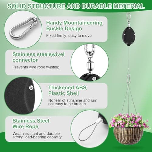 4 Pack Heavy Duty Retractable Plant Hangers, Adjustable Pull-Down Pulleys with 63" Stainless Steel Rope, Double Hooks for Hanging Plants, Bird Feeders, Planters & Pots, Indoor & Outdoor Use - Thumbnail 6