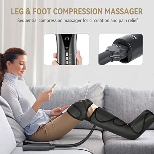 FIT KING Foot and Leg Compression Massager for Circulation and Pain Relief with Knee Heating Therapy - Handheld Controller 3 Modes 3 Intensities - Gift for Mom Wife Family - Thumbnail 2