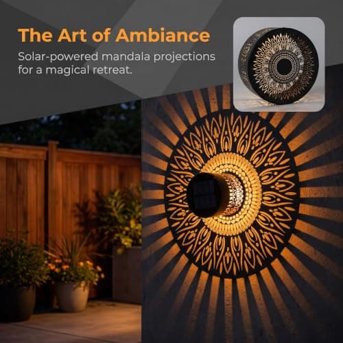 CustomCuddle New Upgrade Solar Mandala Light, Life Wheel Solar Projection Lights Outdoor Waterproof Metal Fence Lights for Yard, Wall, Garden, Patio, Backyard Decoration, Warm Light, 4 Pack - Thumbnail 3