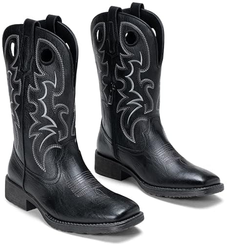 Jousen Cowboy Boots for Men, Retro Square Toe Western Boots with Embroidery, Durable Slip-Resistant Pull-On Boot with Holes (AMY8424-black-08) - Thumbnail 3