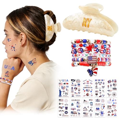 GIRLOLIIAR 4th of July Accessories for Women, Red White and Blue Outfit Bundle with Patriotic Hair Claw Clip, America Bracelets & USA Tattoos for 250th Anniversary Party Favors, Memorial Day Decor NY - Image 1