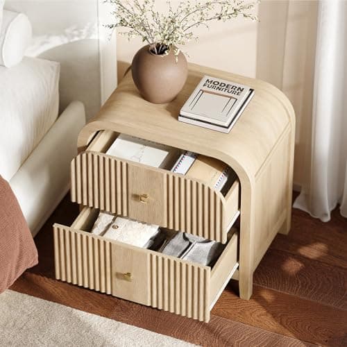 ModernMate Modern 2-Drawer Nightstand with Wave-Fluted Front & Curved R-Angle Top, Thickened Wood Bedside Table with Brushed Copper Pulls for Bedroom - Thumbnail 3