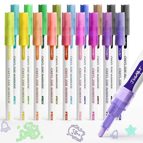 JusArt Outline Sparkle Markers, 18 Metallic Shimmer Pens for Adult Coloring, Cool Fun Drawing Supplies for Valentines Day, Easter, Christmas, Halloween - Image 1