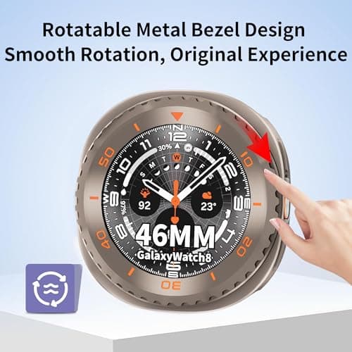 SDOCEBF for Samsung Galaxy Watch 8 Classic 46mm, Rotatable Metal Bezel Case, Slim Shockproof Bumper with Back Cover, Titanium/Orange - Thumbnail 2