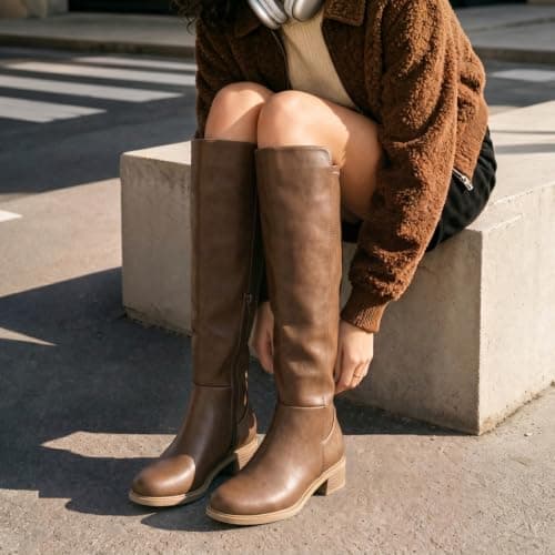 Athlefit Brown Knee High Boots for Women Low Heel Square Toe Leather Stretchy Boots Riding Farm Long Tall Booties with Side Zipper 7.5 - Thumbnail 3