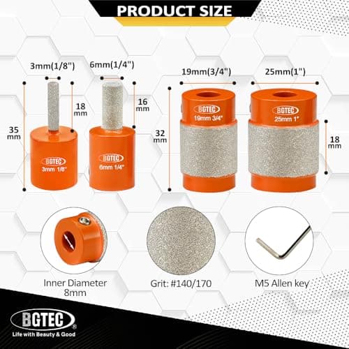 BGTEC Diamond Grinder Bit Head Tools - 1/8"+1/4"+3/4"+1" Brass Core Stained Glass Grinder Bits, Glass Grinder Tools and Supplies - Thumbnail 2