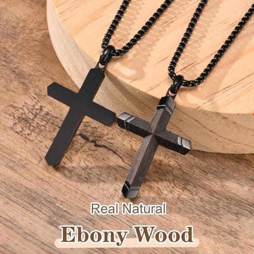 Wooden Cross Necklace for Men-Hawaiian Real Handmade Ebony Wood Cross Pendant Necklace Stainless Steel Chain, Mens Brown Cross Necklaces Koa Wood Jewelry Christian Baptism Crucifix Pendant for Men - Thumbnail 5