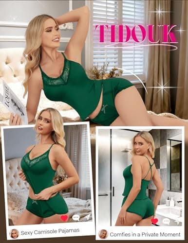 Tidouk Lingerie Sets for Women Sexy Lace Pajamas 2 Piece Elastic Waist Cami Shorts PJ Set(Green,Large) - Thumbnail 2