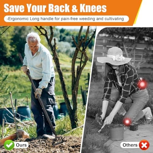 Garden Hoe, 2-in-1 Stirrup Action Hoe with 4-Tine Cultivator Rake, 74 Inch Long Handle Scuffle Weeder Hoe Weeding Tool for Fast Weeding, Soil Loosening, Aerating and Compost Mixing - Thumbnail 5