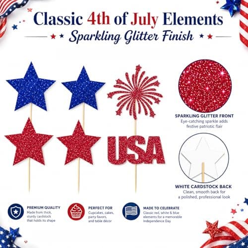 Oeyliz 4th of July Cupcake Toppers Independence Day Cupcake Toppers Patriotic Cupcake Topper 24Pcs Glitter Memorial Day Cupcake Picks Independence Day Cake Decorations for 4th of July Party Supplies - Thumbnail 4