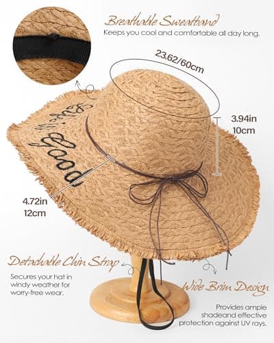 Sun Hats for Women Beach Hats for Women Packable Foldable Wide Brim Womens Sun Hat UPF 80+ - Khaki - Thumbnail 3
