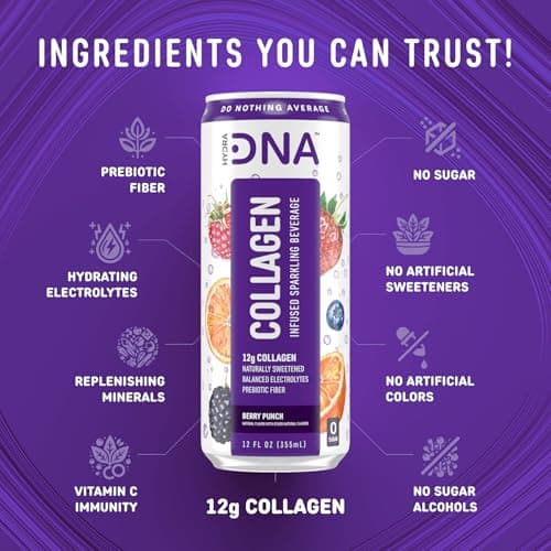 HYDRADNA- Sparkling Liquid Collagen Protein Water Drink Balanced Nutrients for Wellness - Sugar-Free - Keto-Friendly - No Gluten (12 Pack) Berry Punch - Thumbnail 4