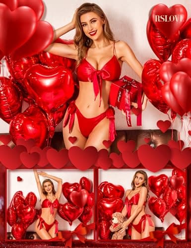 RSLOVE Women Sexy Lingerie Set Satin Bow Tie 2 Piece Bra and Panty Sets Red Large - Thumbnail 4