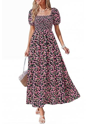 BTFBM Summer Maxi Dresses for Women Wedding Guest Spring Floral Boho Short Sleeve Smocked Beach Graduation Dress 2026(Floral Black Pink, Large) - Image 1