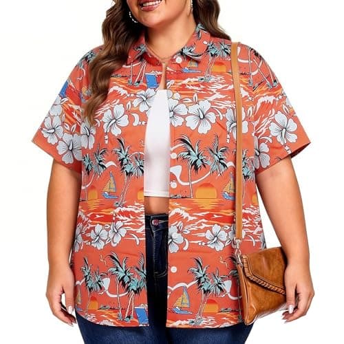 Women Hawaiian Button Down Shirt Plus Size Tropical Beach Shirts Floral Summer Vacation Outfit Short Sleeve Cover Ups - Image 1