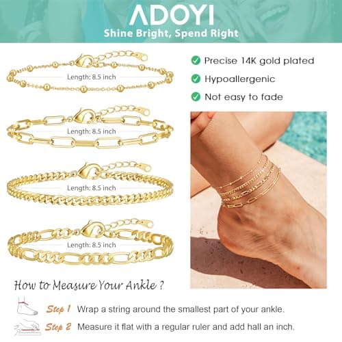 adoyi Gold Ankle Bracelets for Women, 14K Gold Plated Ankle Bracelets for Women Waterproof Gold Anklet Set Cuban Figaro Link Paperclip Chain Beach Anklets Adjustable Gold Jewelry Set Gift 8.5 Inch - Thumbnail 4