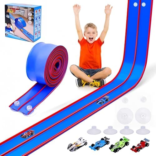 FUTESI Flexible Race Car Track for Kids 15 Ft Flex Tracks Starter Set Compatible with Diecast 1/64th Cars Portable Rolls Up Race Tracks with Strong Suction Cups Birthday Gifts for Boys Girls Ages 3+ - Image 1