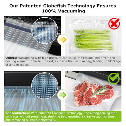 Bonsenkitchen Vacuum Sealer Machine, Globefish Technology for Perfect Vacuum Sealing, Powerful Low-Noise Food Vacuum Sealer with Easy Handle Design, Built-in Cutter & Bag Storage, 1 Bag Roll & 10 Bags - Thumbnail 6