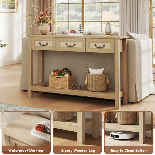 HUAHUU 47.2" Console Table with 3 Rattan Drawers, Long Sofa Table with Storage Behind Couch, Modern Entryway Table with Power Outlet & Open Shelf for Entrance/Hallway/Foyer/Living Room, Natural - Thumbnail 5