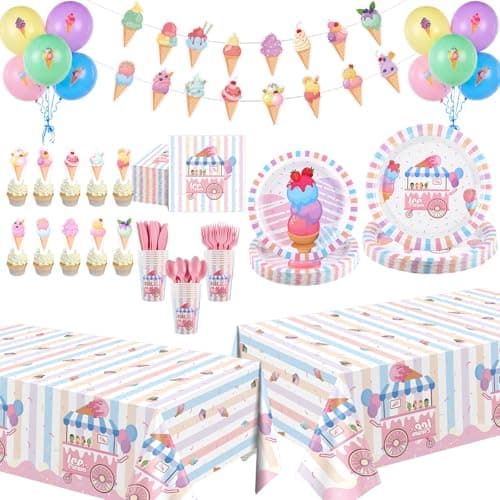 NatNarr 211 Pcs Ice Cream Party Decorations, Ice Cream Truck Shop Party Supplies Include Cute Paper Plates, Napkins, Cups, Tablecloth, Banner, Balloons, Cake Topper for 2,3,4,6 Girls Birthday