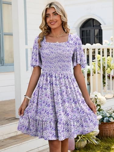 UEAL Easter Dresses for Women 2026 Flowy Lilac Spring Wedding Guest Summer Sun Dress XX-Large Purple Floral - Thumbnail 4