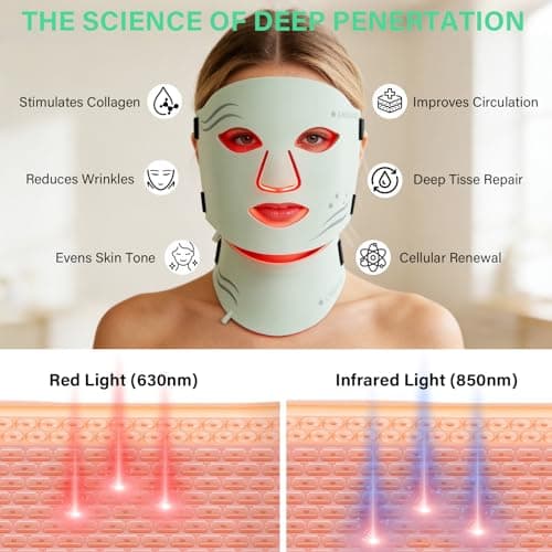 GWOWLWF LED Face Mask Light Therapy with Neck, 7-Color Skin Care Mask for Home Use, Red 630±5nm & Near Infrared 830nm, Helps Reduce Wrinkles & Inflammatory Acne（Green） - Thumbnail 2