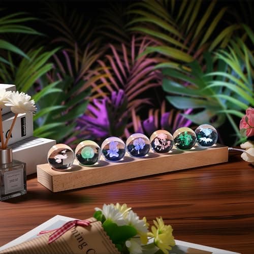 Dokscdlo 7 Pcs Flower Crystal Ball Night Light with LED Wooden Base, 3D Dandelion, Four-Leaf Clover, Mushroom, Rose, Tulip Plant Lamp for Home Office Gifts for Christmas Decor - Image 1
