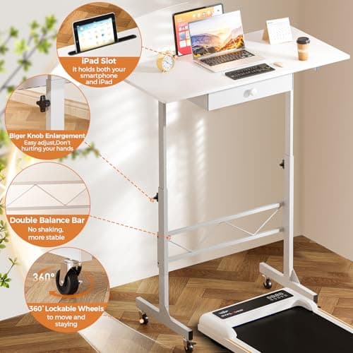 COMHOMA Small Standing Desk Adjustable Height Small Computer Desk Mobile Portable Rolling Laptop Table with Wheels 32" Computer Workstation Sit Stand Desks Portable Standing Table Treadmill desks - Thumbnail 5