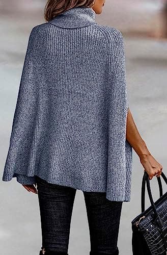 KIRUNDO Women's 2026 Fall Winter Turtleneck Poncho Sweater Fashion Chunky Knit Cape Wrap Sweaters Pullover Jumper Tops(Grey Blue, Medium) - Thumbnail 5