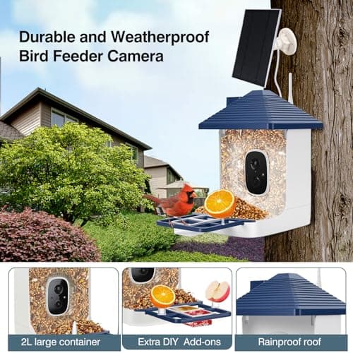 Smart Bird Feeder with Camera,AI Identify Species,Bird House with Solar Powered,Instant Arrival Alerts,2K HD Capture Video Live View,Gift for Birds Lover (Indigo Blue) - Thumbnail 4