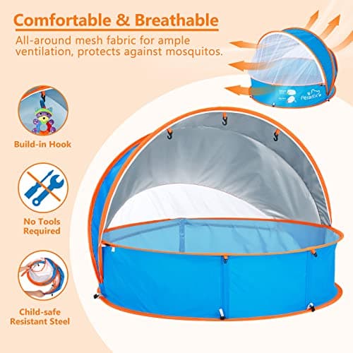 Peradix Paddling Pool for Kids & Pets Infant Ball Pit Tent, Baby Beach Tent, Toddler Wading Pool UV Sun Shelter Canopy with Mosquito Net, Portable Pop Up Tent Summer Beach Toys for Child - Thumbnail 4