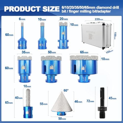 Diamond Core Drill Bit Set for Porcelain Tile Ceramic Marble Granite Drilling,BRSCHNITT 9pcs Vacuum Brazed Diamond Hole Saw with 5/8-11 Thread （1/4" 3/8" 4/5" 1-3/8" 2" 2-1/2"） - Thumbnail 2