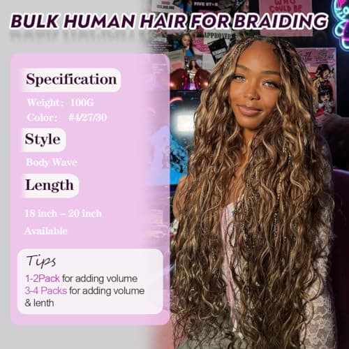 MsFan Boho Braiding Hair Body Wave 100% Virgin Human Braiding Hair 100G #4/27/30 Human Hair for Boho Braids 20 Inch - Thumbnail 2