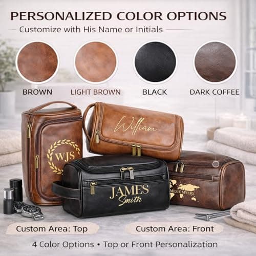 Xpanrous Personalized Toiletry Bag for Men, Engraved Name Initials Toiletry Bag, Customized Monogram Travel Shaving Dopp Kit for Groomsmen, Gift for Christmas, Birthday, Dad, Husband (Dark Coffee) - Thumbnail 4