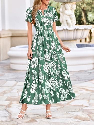 BTFBM Womens Summer Floral Maxi Dresses V Neck Short Sleeve Boho Casual Flowy Long Wedding Guest Dress Beach Vacation(Floral Green White, Medium) - Thumbnail 6