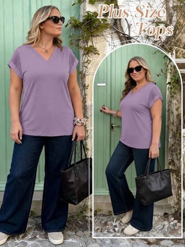 Bliwov Womens Summer Tops V Neck Lace Short Sleeve T Shirts Dressy Casual Business Outfits 2026 Spring Fashion Tee Clothes Light Purple - Thumbnail 2
